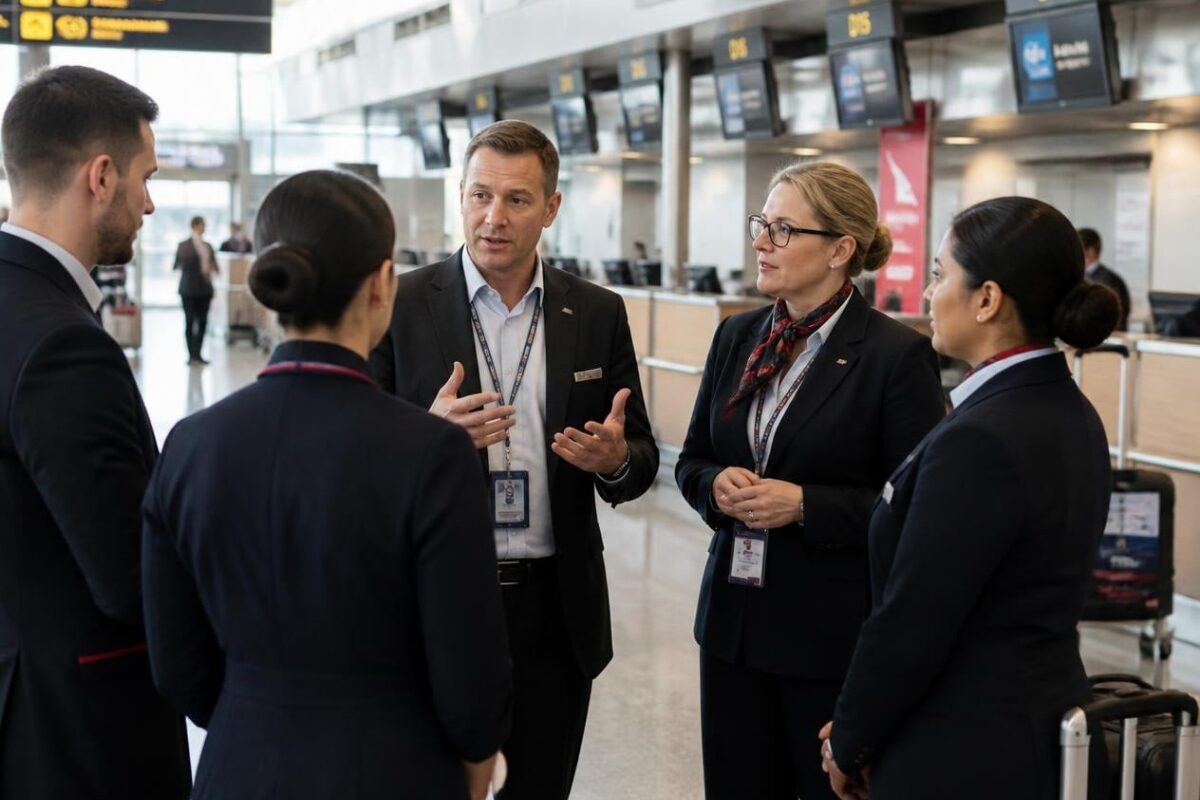 Aviation_team leaders coaching their staff in a realistic travel-hub setting team leaders coaching their staff in a realistic travel-hub setting