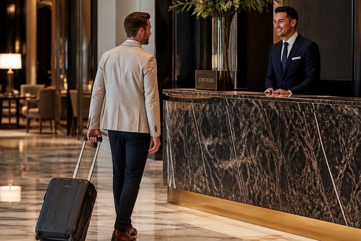 Front desk arrival scene at a luxury property_ a guest arriving at an elegant high-end hotel lobby, concierge greeting the guest, polished marble interior Front-desk-arrival-scene-at-a-luxury-property_-a-guest-arriving-at-an-elegant-high-end-hotel-lobby-concierge-greeting-the-guest-polished-marble-interior