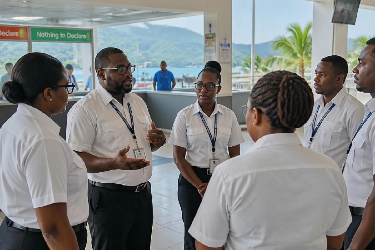 Tourism_a facilitator in customs doing a team huddle before their shift.