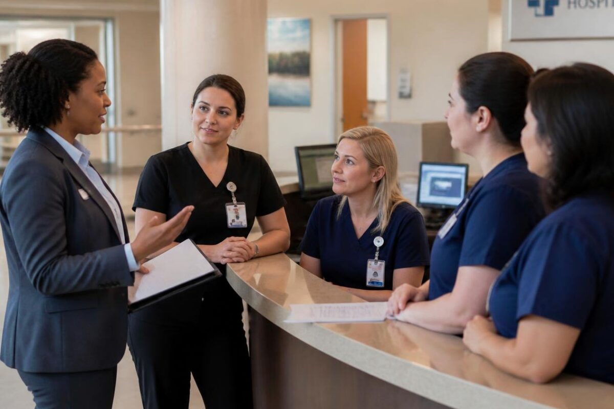 healthcare_a facilitator and front-of-house staff in an authentic clinical reception setting with a professional, welcoming tone